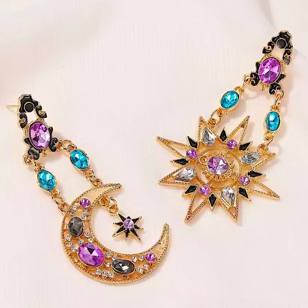 Celestial Moon Star Gold Plated Dangle Earrings Statement accent Stones - Picture 12 of 14